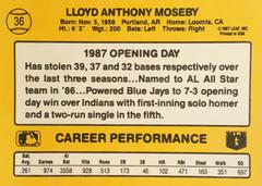 Rear | Lloyd Moseby Baseball Cards 1987 Donruss Opening Day