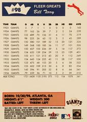 Rear | Bill Terry Baseball Cards 2002 Fleer Greats