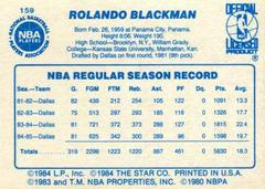 Back Side | Rolando Blackman Basketball Cards 1986 Star