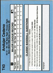 Back | Andujar Cedeno Baseball Cards 1991 Classic