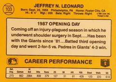 Rear | Jeff Leonard Baseball Cards 1987 Donruss Opening Day