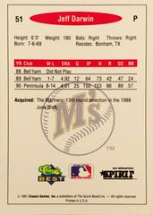 Rear | Jeff Darwin Baseball Cards 1991 Classic Best