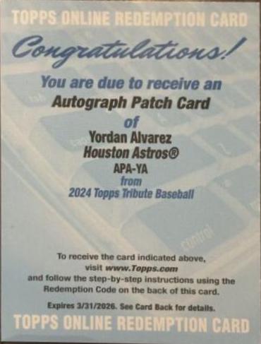 Yordan Alvarez #APA-YA Baseball Cards 2024 Topps Tribute Patch Autograph