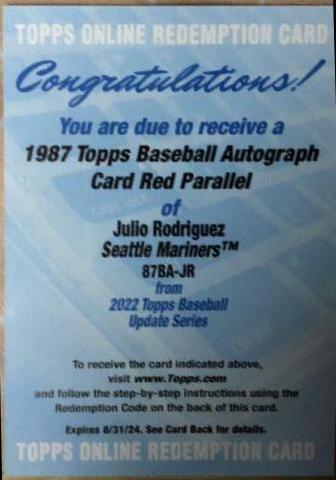 Julio Rodriguez [Red] #87BA-JR Baseball Cards 2022 Topps Update 1987 Autographs