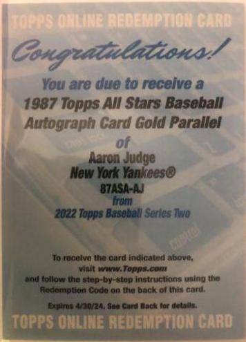 Aaron Judge [Gold] #87ASA-AJ Baseball Cards 2022 Topps 1987 All Stars Autographs