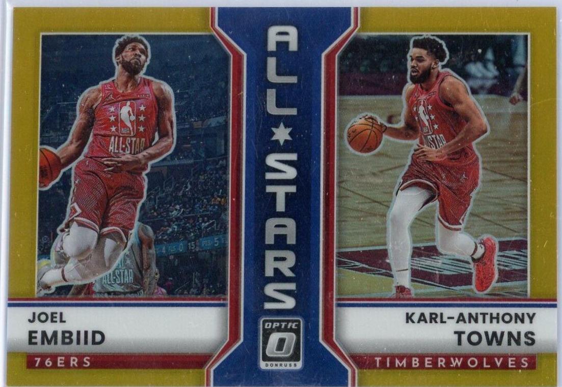 Joel Embiid, Karl Anthony Towns [Gold] #9 Basketball Cards 2022 Panini Donruss Optic All Stars