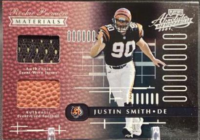 Justin Smith [Jersey, Football] #176 Football Cards 2001 Playoff Absolute Memorabilia