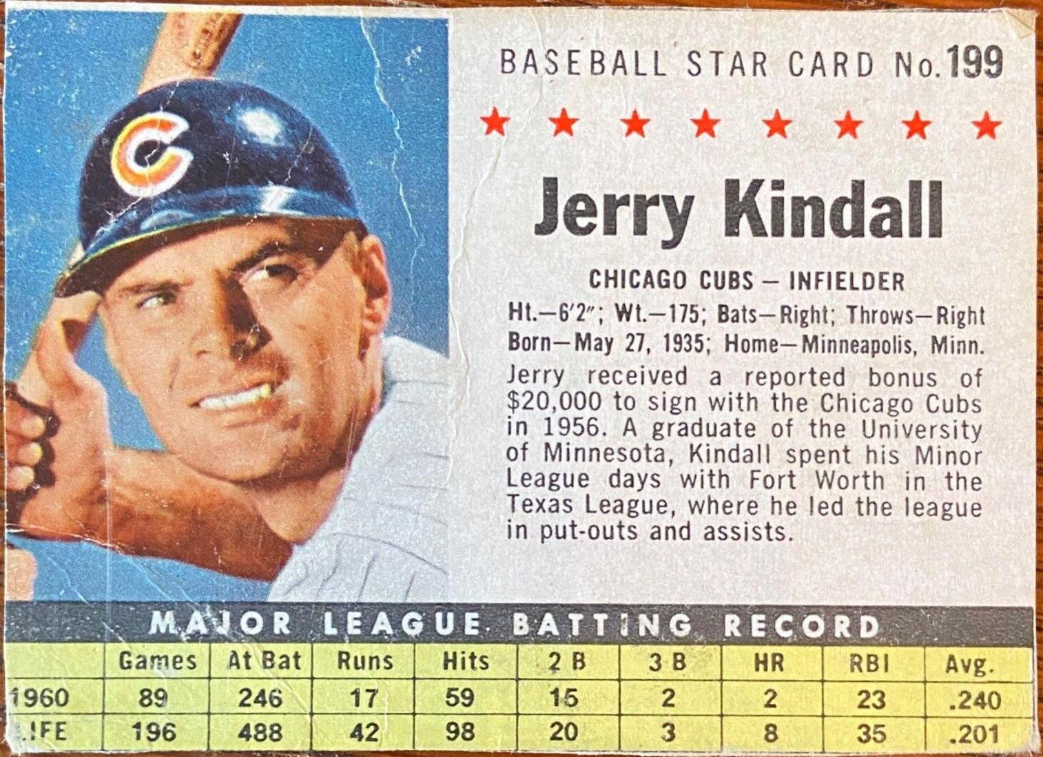 Jerry Kindall [Hand Cut] #199 Baseball Cards 1961 Post Cereal