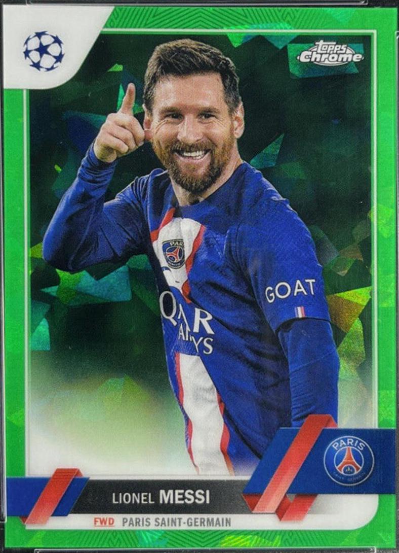 Lionel Messi [SP Variation Sapphire Green] #1 Soccer Cards 2022 Topps Chrome UEFA Club Competitions