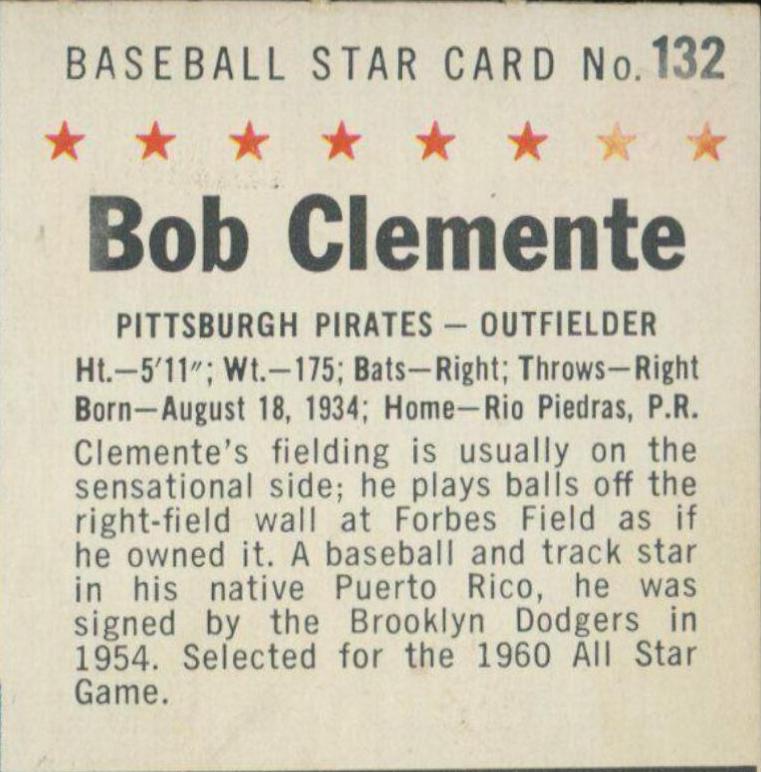 Bob Clemente [Perforated] #132 Baseball Cards 1961 Post Cereal