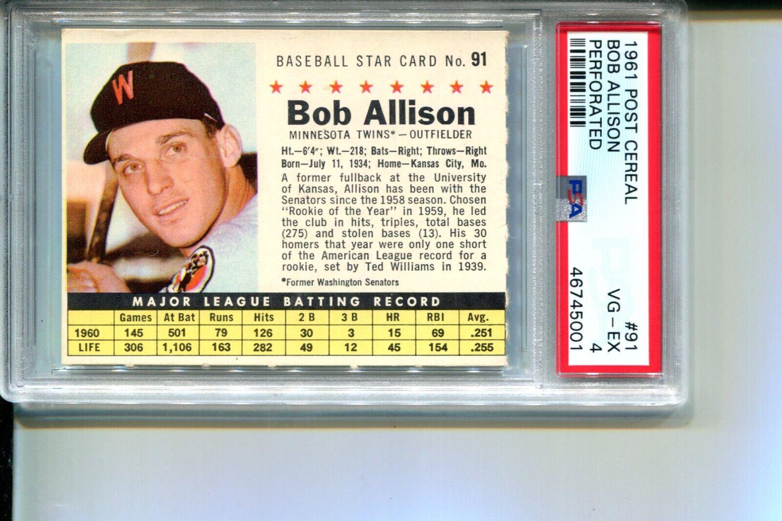 Bob Allison [Perforated] #91 Baseball Cards 1961 Post Cereal