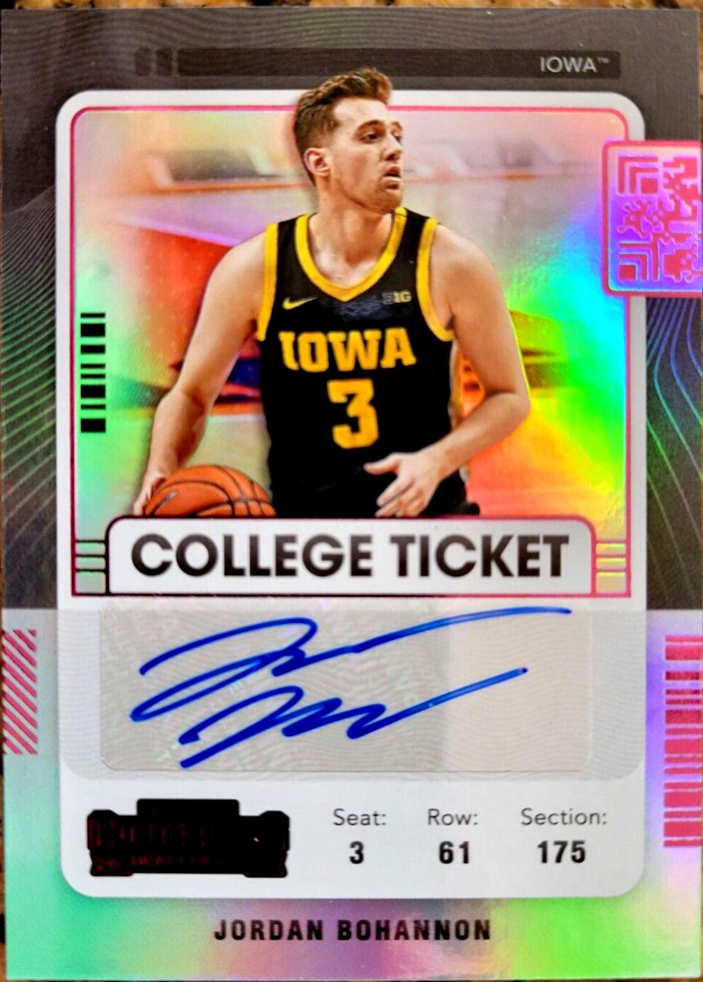 Jordan Bohannon [Pink] #CT-JBO Basketball Cards 2022 Panini Chronicles Draft Picks Contenders College Ticket Autograph