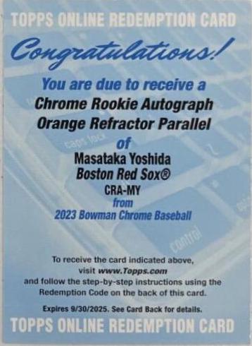 Masataka Yoshida [Orange] #CRA-MY Baseball Cards 2023 Bowman Chrome Rookie Autographs