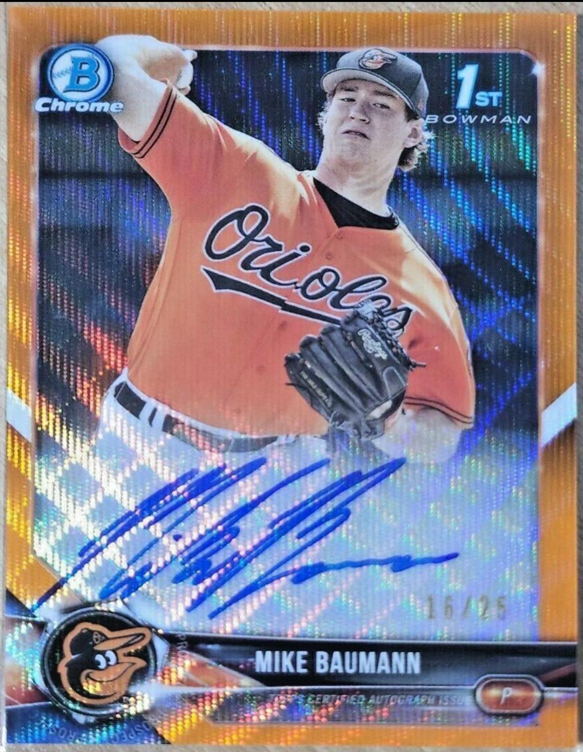 Mike Baumann [Orange Wave Refractor] #BCPA-MB Baseball Cards 2018 Bowman Chrome Prospects Autographs