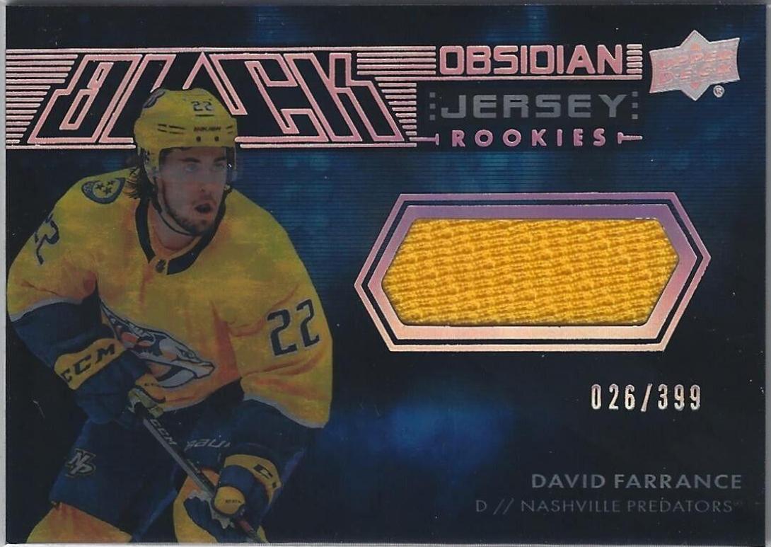 David Farrance #ORJ-DF Hockey Cards 2021 SPx UD Black Obsidian Rookie Jersey