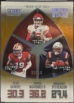 Deebo Samuel, Patrick Mahomes II, Rhamondre Stevenson [First Down] #FS10 Football Cards 2022 Panini Score Fantasy Stars