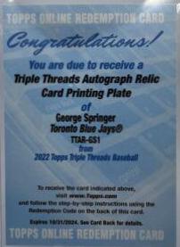 George Springer #TTAR-GS1 Baseball Cards 2022 Topps Triple Threads Autograph Relic