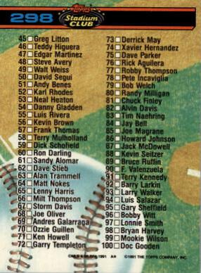 Checklist 1-100 #298 Baseball Cards 1991 Stadium Club