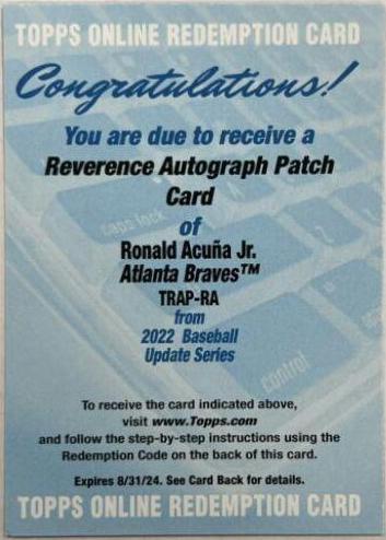 Ronald Acuna Jr. #TRAP-RA Baseball Cards 2022 Topps Update Reverence Autograph Patch