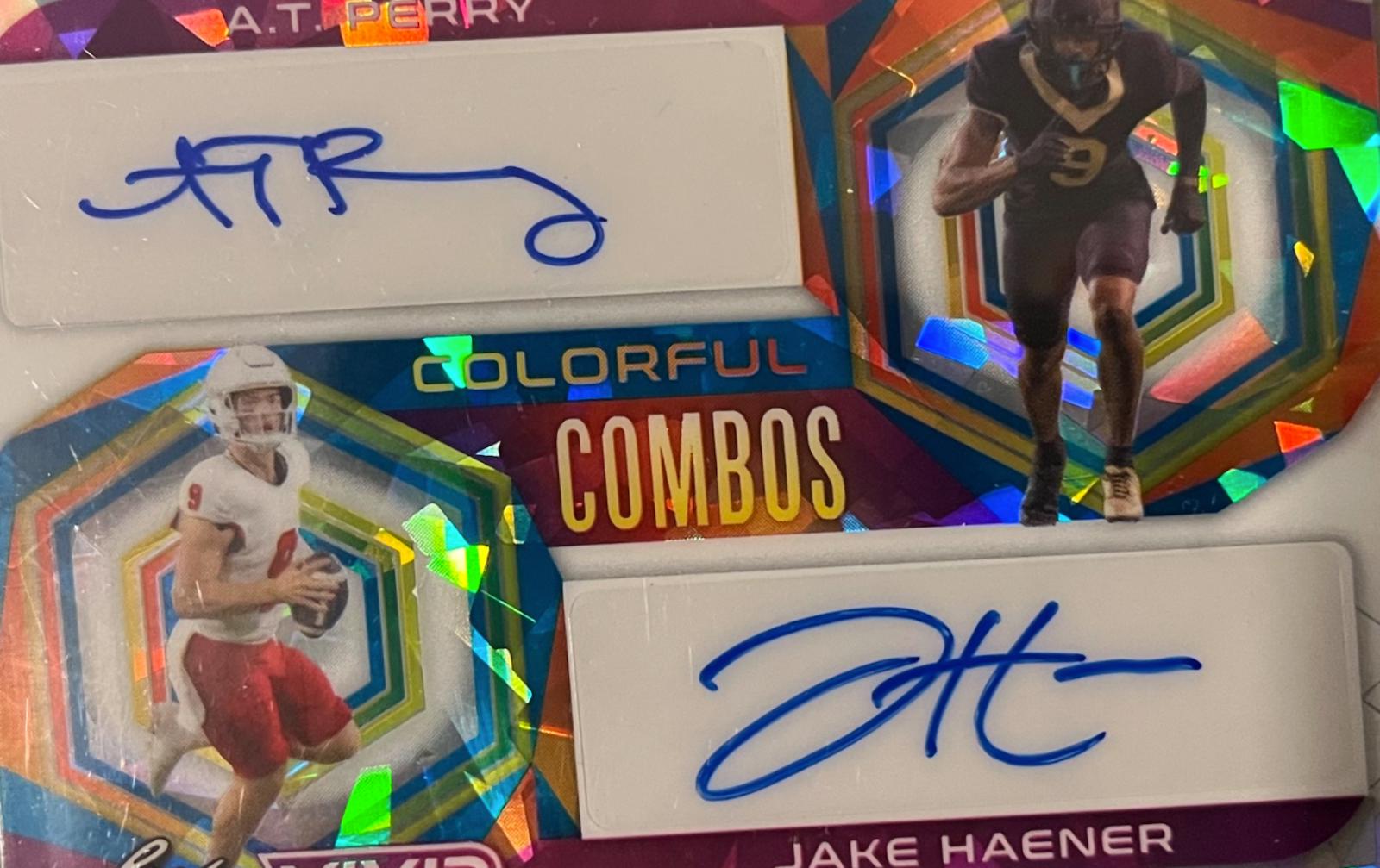 A. T. Perry, Jake Haener [Crystal White] #CC-1 Football Cards 2023 Leaf Vivid Autographs Colorful Combos