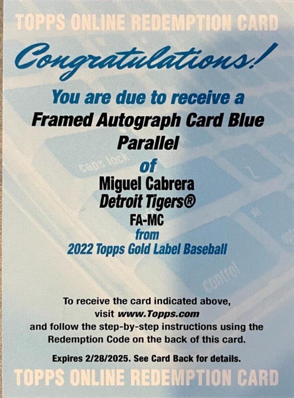 Miguel Cabrera #FA-MC Baseball Cards 2022 Topps Gold Label Framed Autographs