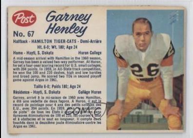 Garney Henley [Hand Cut] #67 Football Cards 1962 Post Cereal CFL