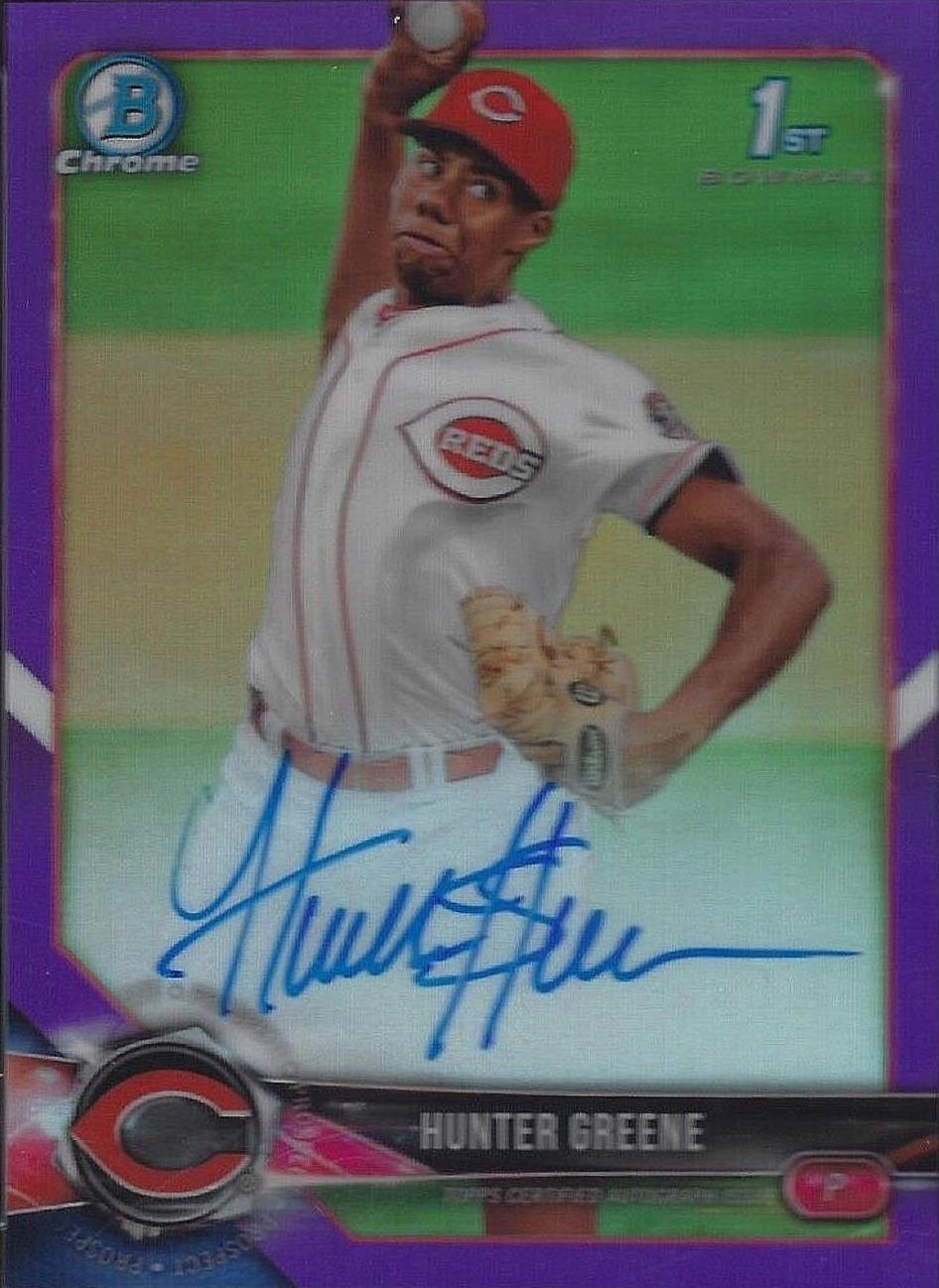 Hunter Greene [Purple Refractor] #CPA-HG Baseball Cards 2018 Bowman Chrome Prospects Autographs