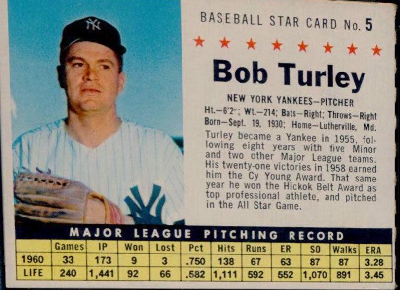 Bob Turley [Perforated] #5 Baseball Cards 1961 Post Cereal