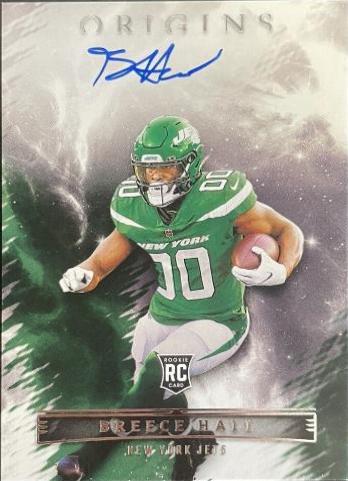 2022 PANINI ORIGINS BREECE HALL shops ROOKIE PATCH AUTO RED 157 NEW YORK JETS 9/99