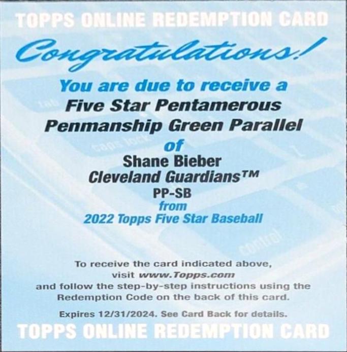 Shane Bieber [Green] #PP-SB Baseball Cards 2022 Topps Five Star Pentamerous Penmanship Autographs