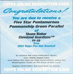 Shane Bieber [Green] #PP-SB Baseball Cards 2022 Topps Five Star Pentamerous Penmanship Autographs Prices