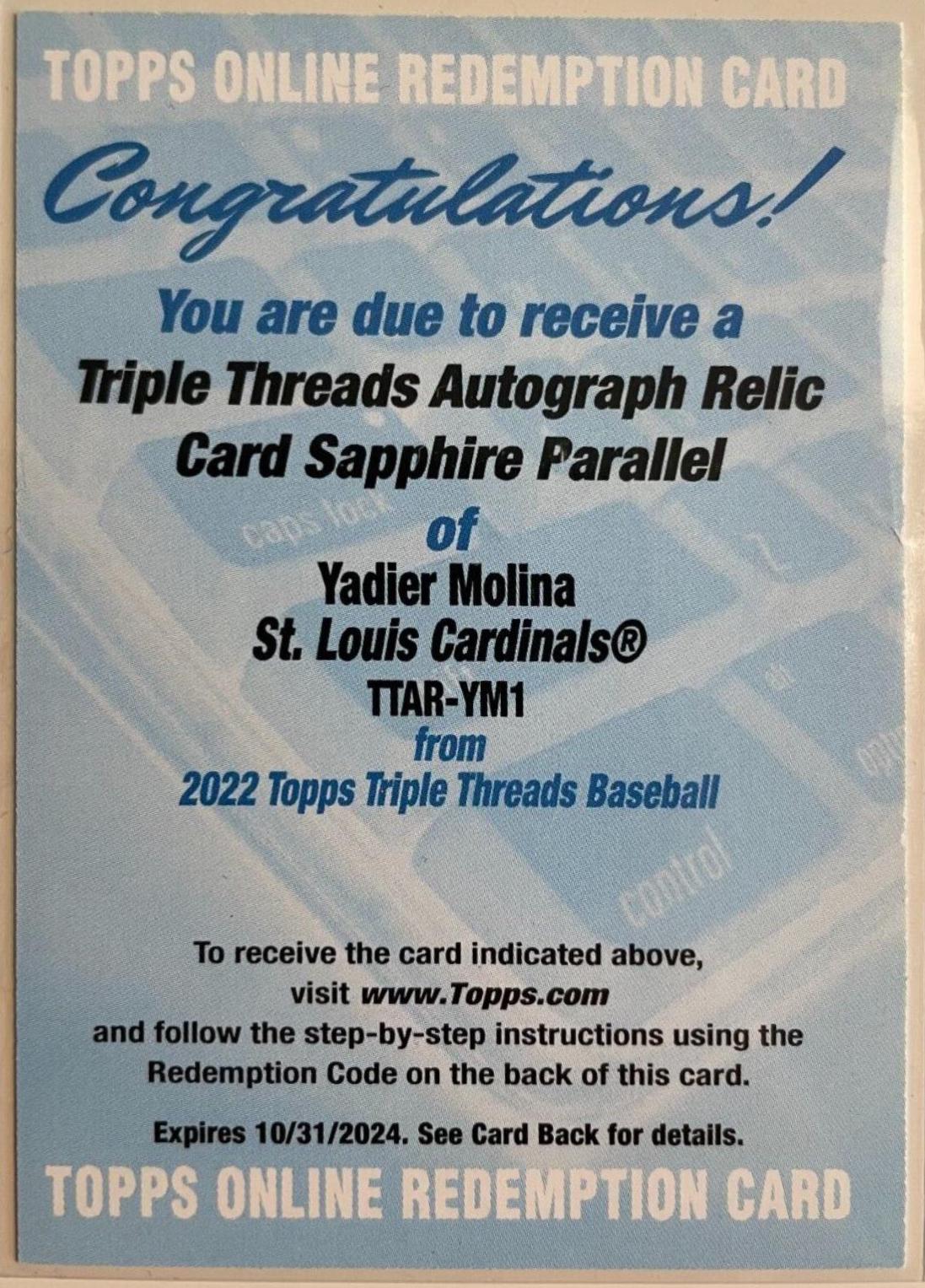 Yadier Molina [Sapphire] #TTAR-YM2 Baseball Cards 2022 Topps Triple Threads Autograph Relic