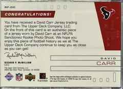 Back Of Card | David Carr Football Cards 2002 Upper Deck Rookie Futures Jersey
