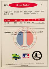 Rear | Brian Barber Baseball Cards 1991 Classic Best
