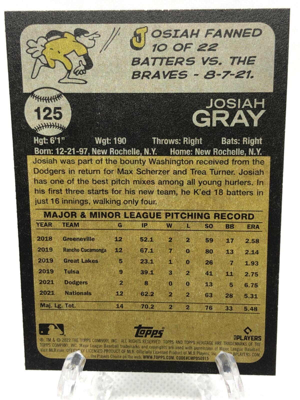 Josiah Gray #125 Prices [Rookie] | 2022 Topps Heritage | Baseball Cards