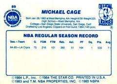 Back Side | Michael Cage Basketball Cards 1986 Star