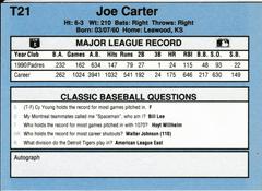 Back | Joe Carter Baseball Cards 1991 Classic