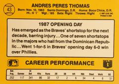 Rear | Andres Thomas Baseball Cards 1987 Donruss Opening Day