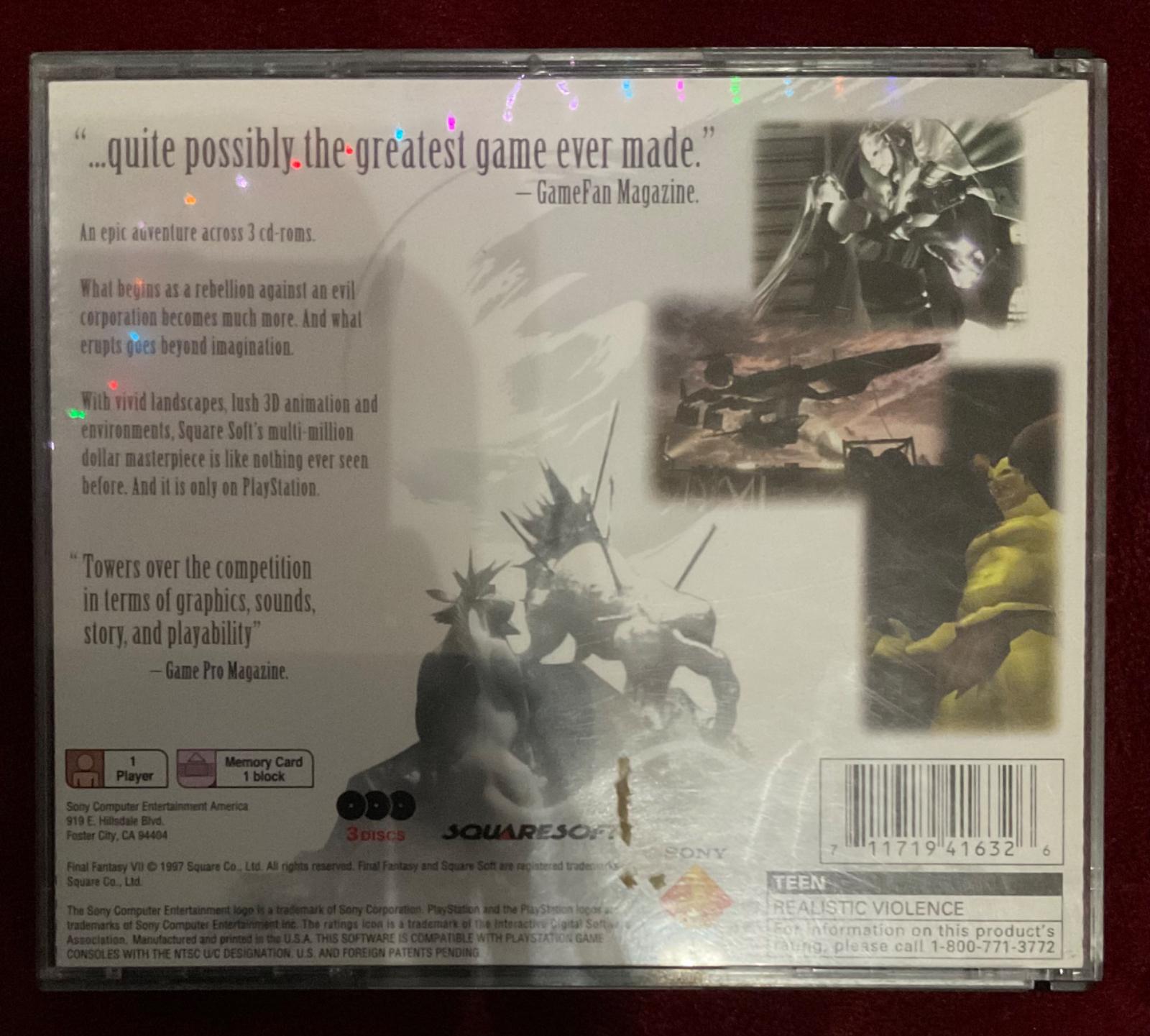 2/3 Final Fantasy 7
  some more random dirt? on the back. I've been too busy playing it to remember to wipe it down.. ooops. OH, um, another thing... My mom ended up bidding on ANOTHER auction just in case she didn't get this one, and it was for the misprint. So I have that one as well. I think I won't keep that one, though. I kinda wanna get rid of the discs 2 and 3 I got as well. I hate having dupes... I'll see... I KINDA WANNA GIVE THEM AWAY 2 SOMEONE I KNOW OR WHO FOLLOWS ME BUT LIKE IDK HOW.