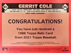 Rear | Gerrit Cole Baseball Cards 2021 Topps 1986 Baseball 35th Anniversary Relics