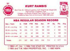 Back Side | Kurt Rambis Basketball Cards 1986 Star