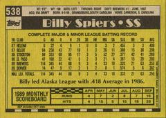 Back Of Card | Billy Spiers Baseball Cards 1990 Topps