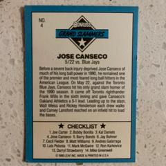 Card Back | Jose Canseco [Grand Slammers] Baseball Cards 1991 Donruss Grand Slammers