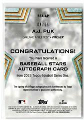 Back | A. J. Puk Baseball Cards 2023 Topps Series 1 Stars Autographs