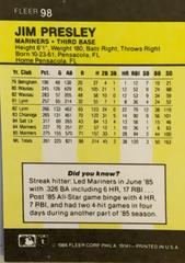 Rear | Jim Presley Baseball Cards 1986 Fleer Mini