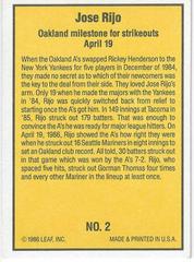 1986 Donruss #2 Jose Rijo Reverse | Jose Rijo Baseball Cards 1986 Donruss Highlights