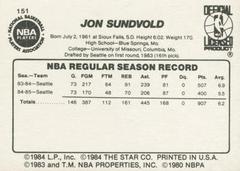 Back Side | Jon Sundvold Basketball Cards 1986 Star