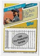 Back | Robin Yount [Pre-Production] Baseball Cards 1993 Topps