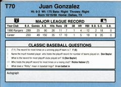Back | Juan Gonzalez Baseball Cards 1991 Classic