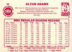 Back Side | Alvan Adams Basketball Cards 1986 Star